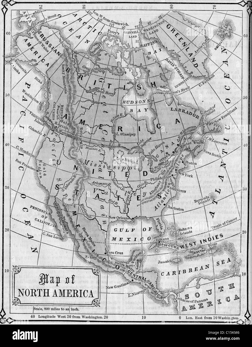 Mapa antiguo de América del Norte a partir de originales de libros de texto de geografía, 1865. Foto de stock