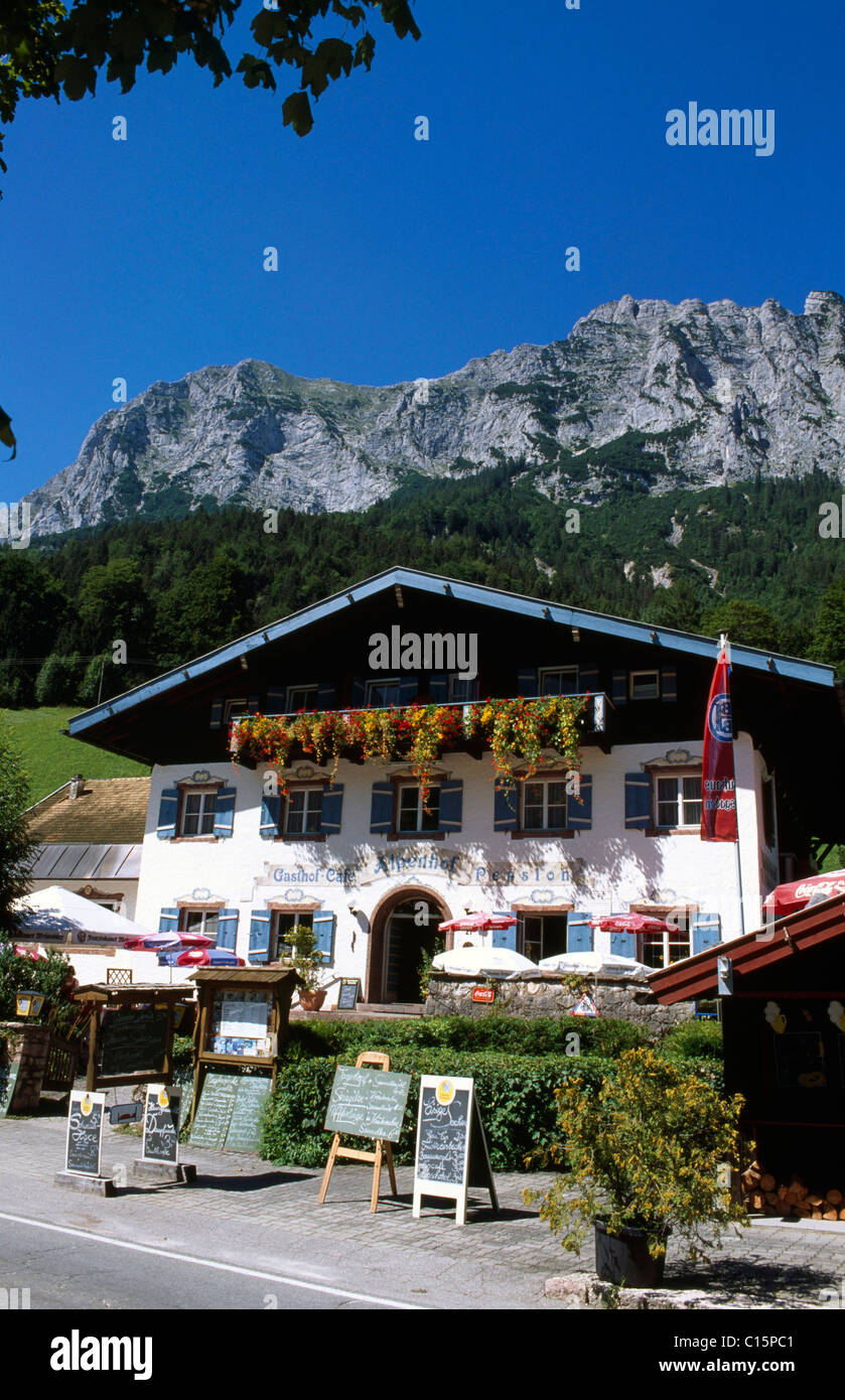 Alpenhof Restaurante, Lago Hintersee, Ramsau, Berchtesgadener Land de Baviera, Alemania Foto de stock