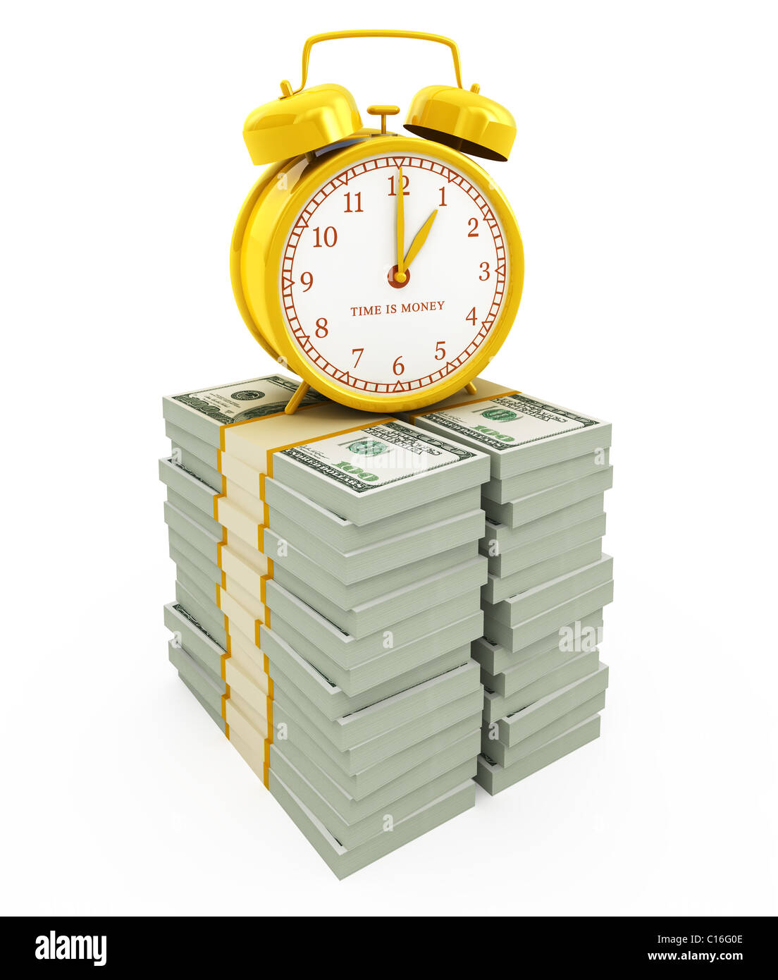 El tiempo es dinero concepto aislado en blanco. Reloj alarma en pilas de  dólares Fotografía de stock - Alamy
