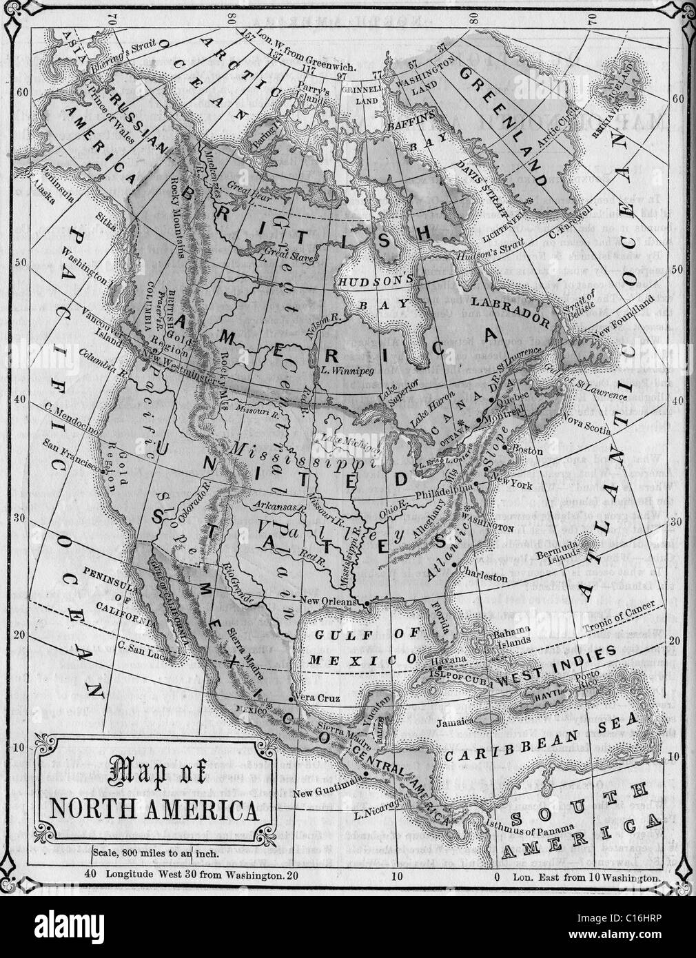 Mapa antiguo de América del Norte a partir de originales de libros de texto de geografía, 1865. Foto de stock