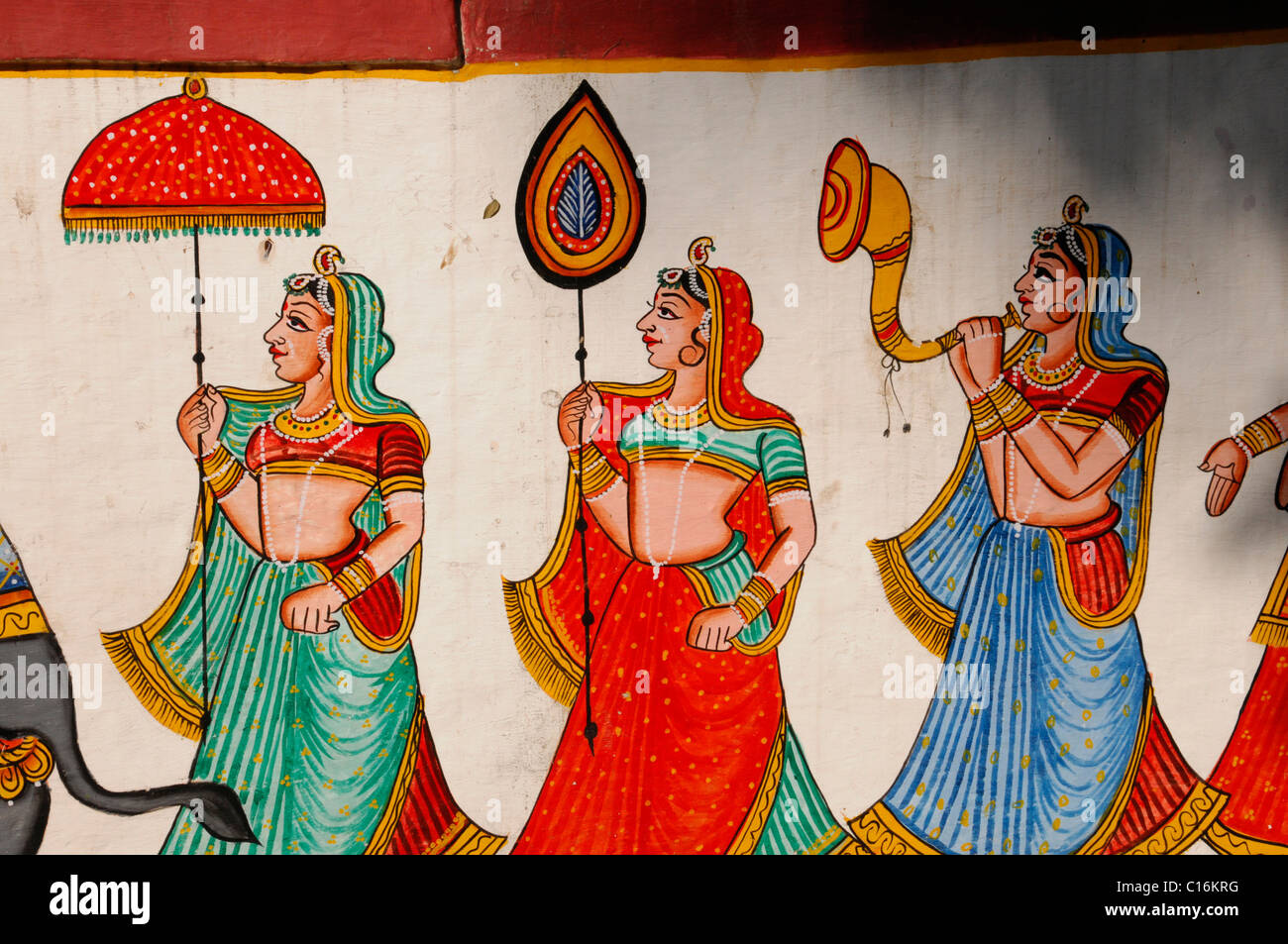 La pintura mural, Jardín de las princesas, Saheliyon Ki Bari, Udaipur, Rajasthan, India del Norte, Asia Foto de stock