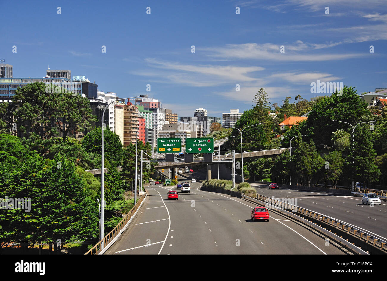 Autopista Urbana, Thorndon Wellington, Wellington, en la región de Wellington, Isla del Norte, Nueva Zelanda Foto de stock