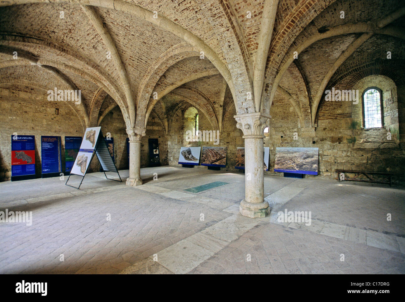 Sala capitular de la abadía cisterciense Abbazia di San Galgano ruinas por Chiusdino, provincia de Siena, Toscana, Italia, Europa Foto de stock