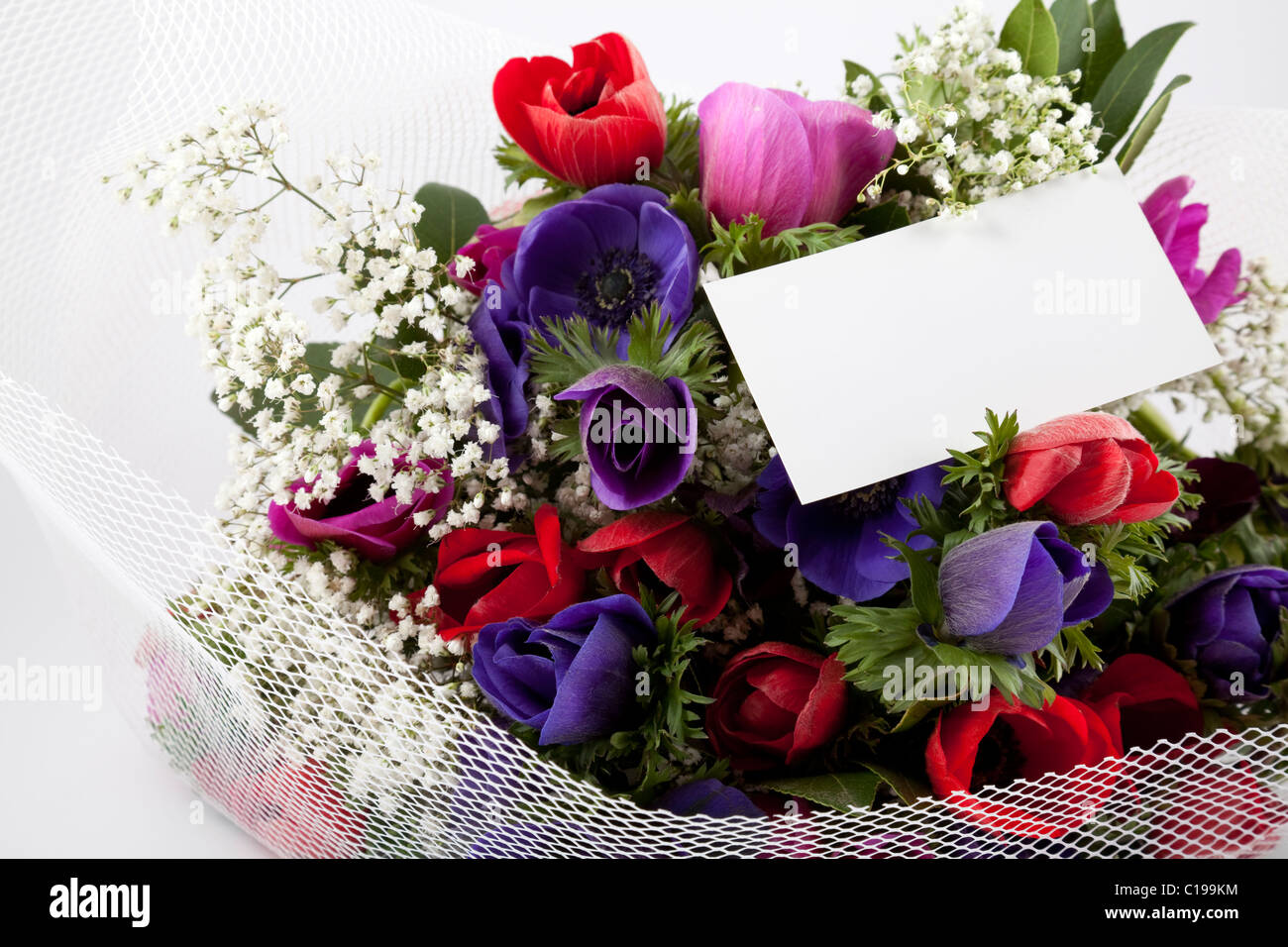 Precioso ramo de flores con tarjetas en blanco para poner su mensaje  Fotografía de stock - Alamy