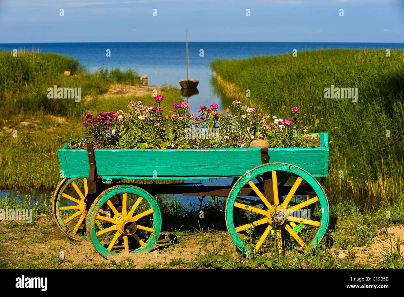Cesta de Flores en frente del lago Peipsi, Kasepee, Peipsu jaerv, Estonia, los países del Báltico, Europa Foto de stock
