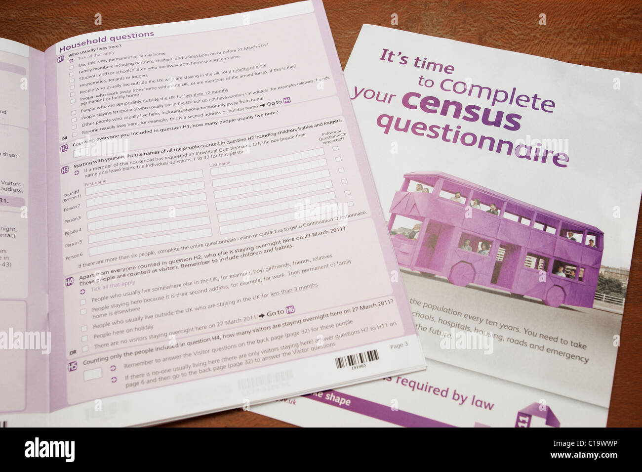 Reino Unido cuestionario formulario del censo 2011 para rellenar Foto de stock