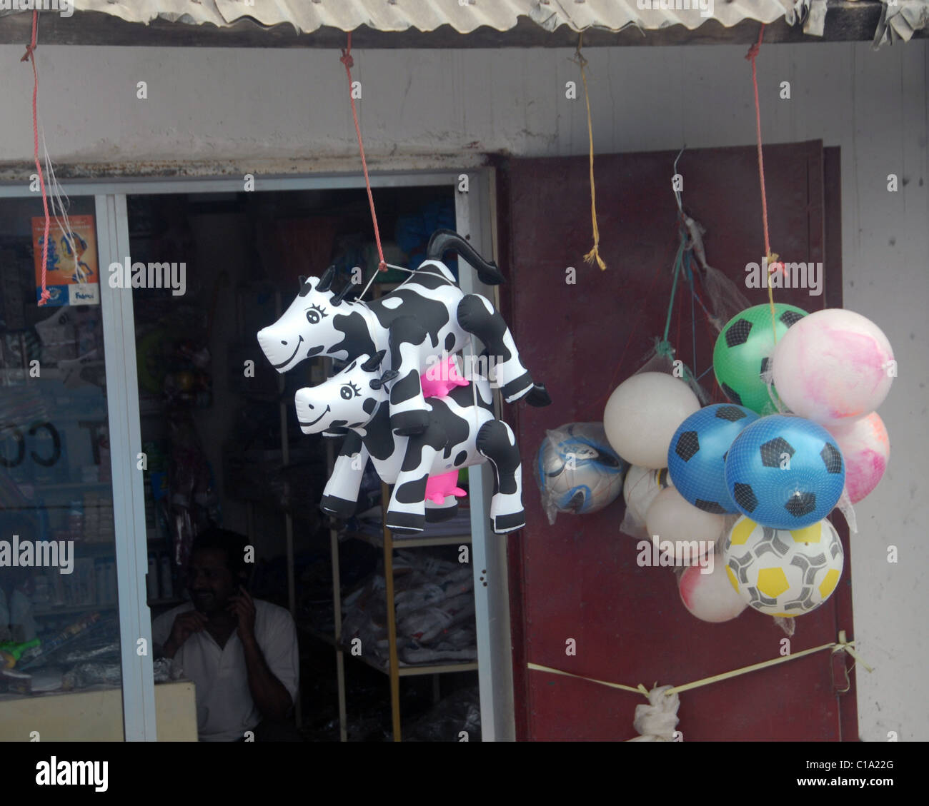 Las vacas inflables para venta en puesto callejero en el sur de Omán Foto de stock