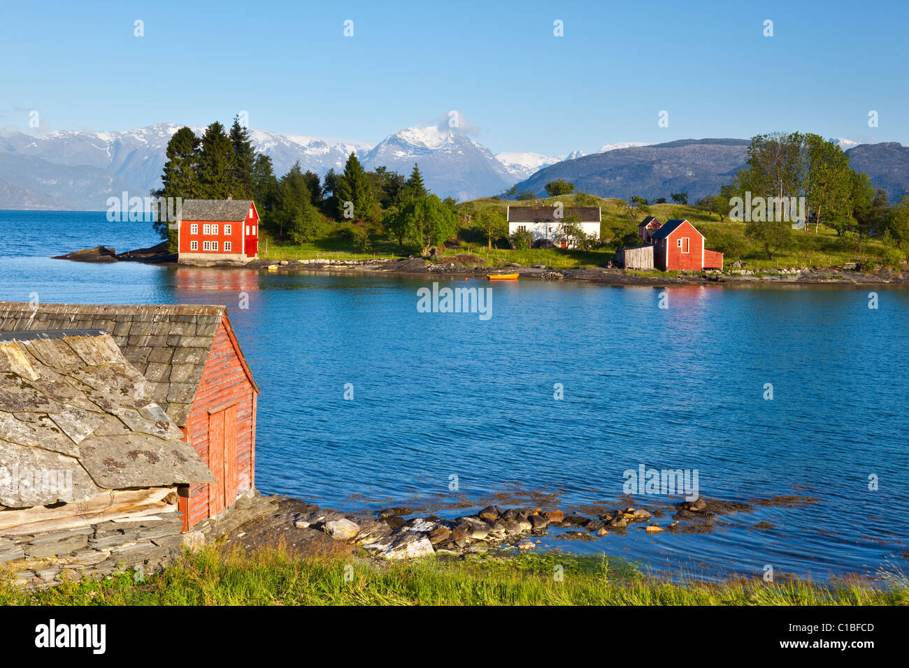Una idílica isla rural en el fiordo Hardanger, Hordaland, Noruega Foto de stock