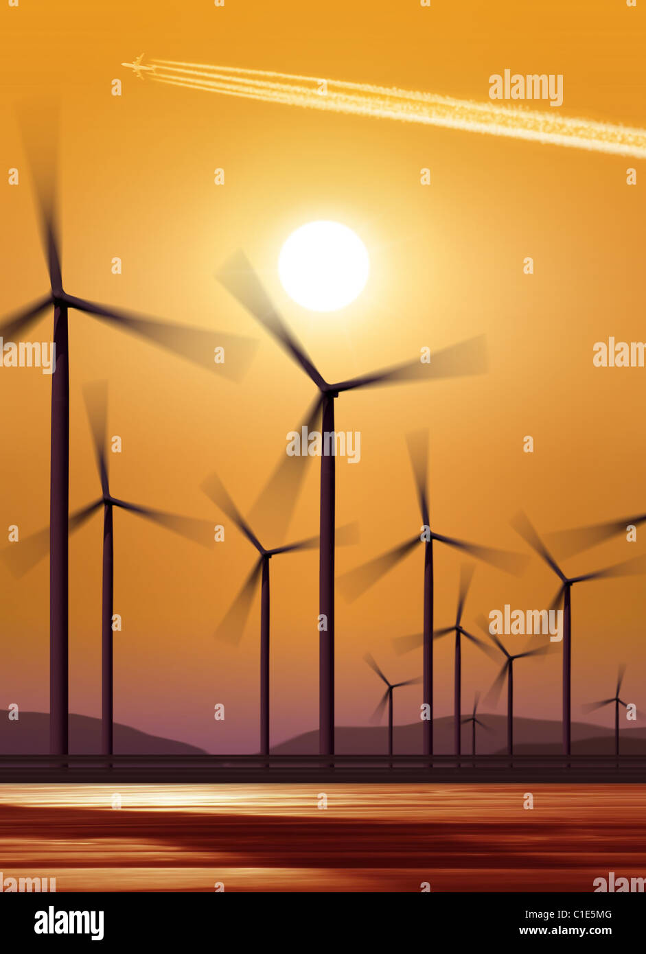 Silueta de turbinas eólicas generadoras de electricidad en sunset antecedentes Foto de stock