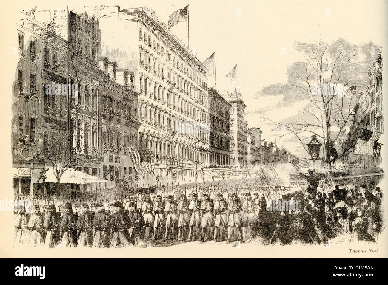 Litografía antigua de Guardias Nacionales en Nueva York, en 1865, la Guerra Civil Americana Foto de stock