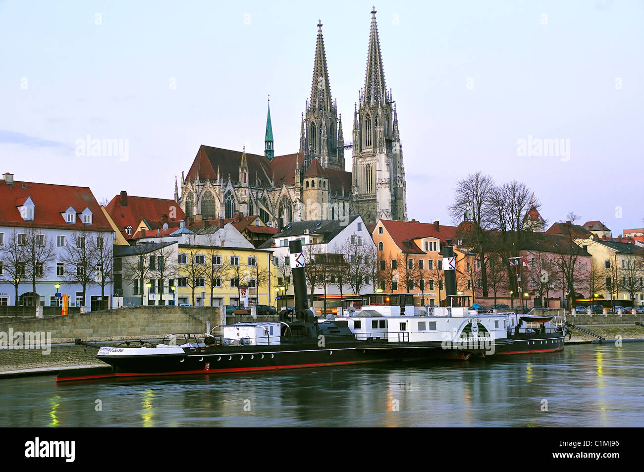 La Catedral Dom en Regensburg, Alemania con el Freudenau museo naval en el río Danubio en el primer plano. Foto de stock