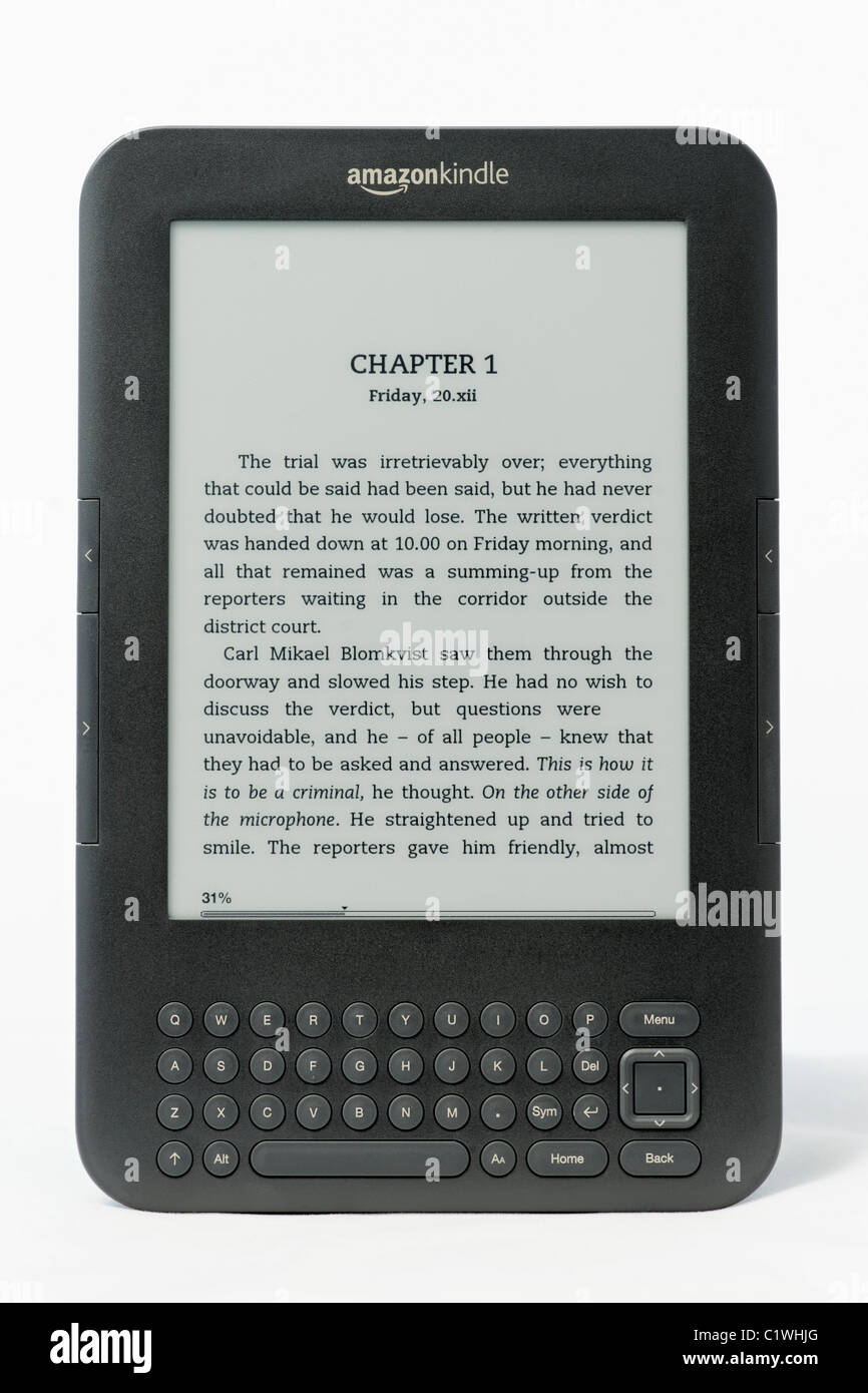 Un Amazon Kindle lector de ebooks sobre un fondo blanco. Este modelo es el Kindle 3. Sólo para uso editorial Foto de stock