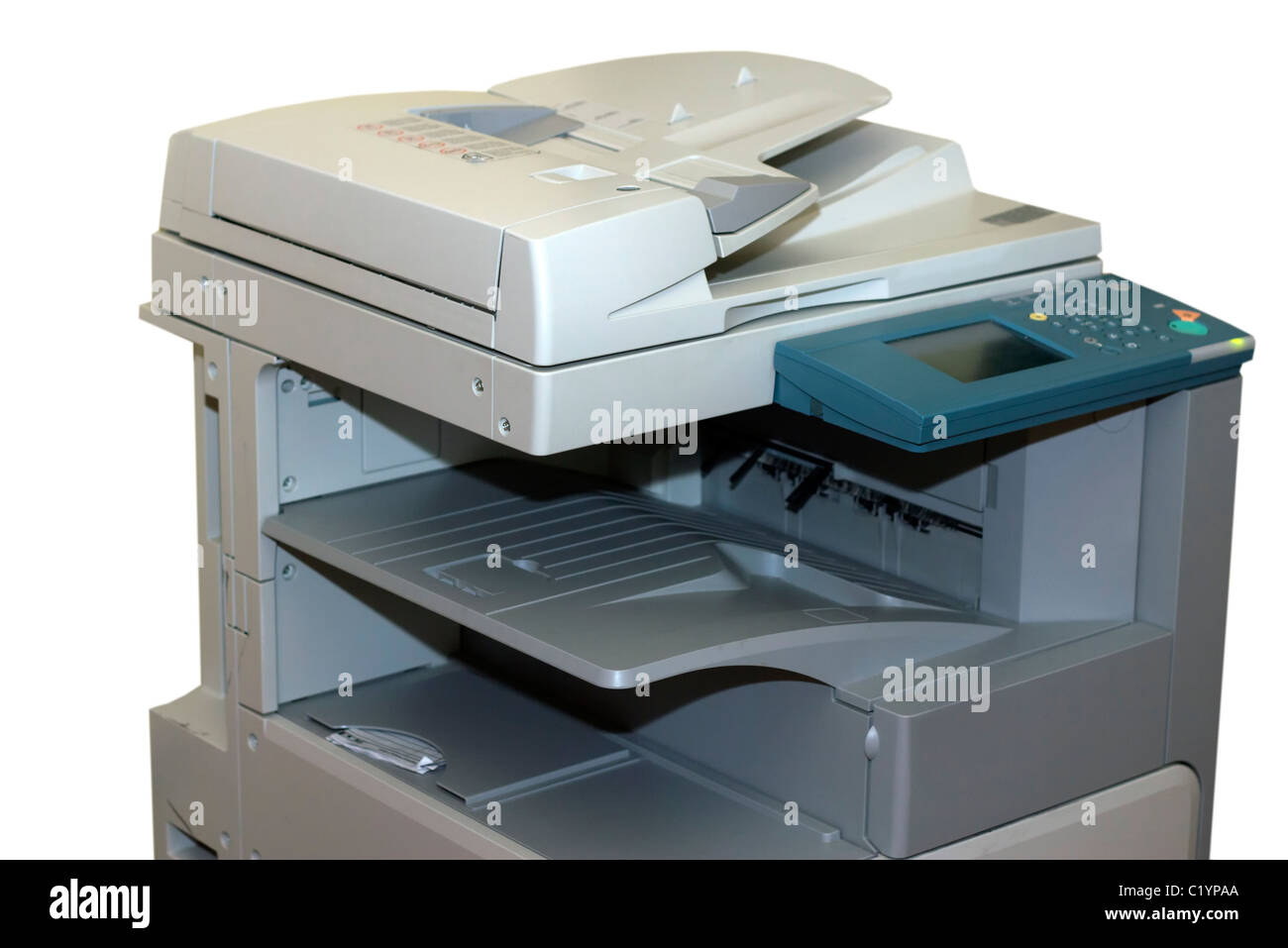 Primer plano de la máquina fotocopiadora aislado en blanco Foto de stock