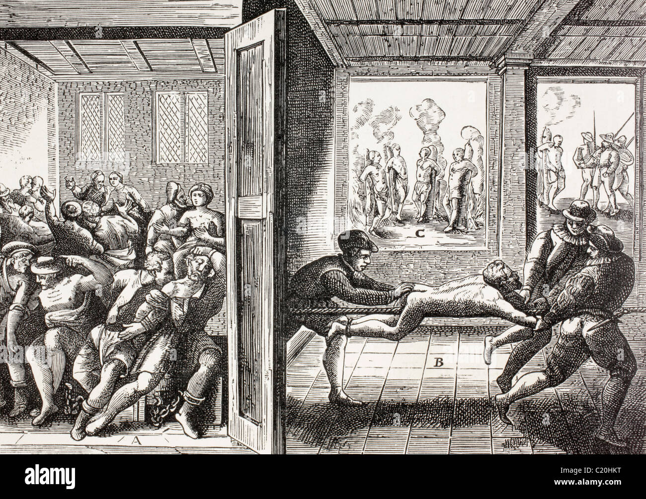 La propaganda del siglo XVI que ilustran la violencia de los Hugonotes franceses en contra de los católicos en el sur de Francia. Foto de stock