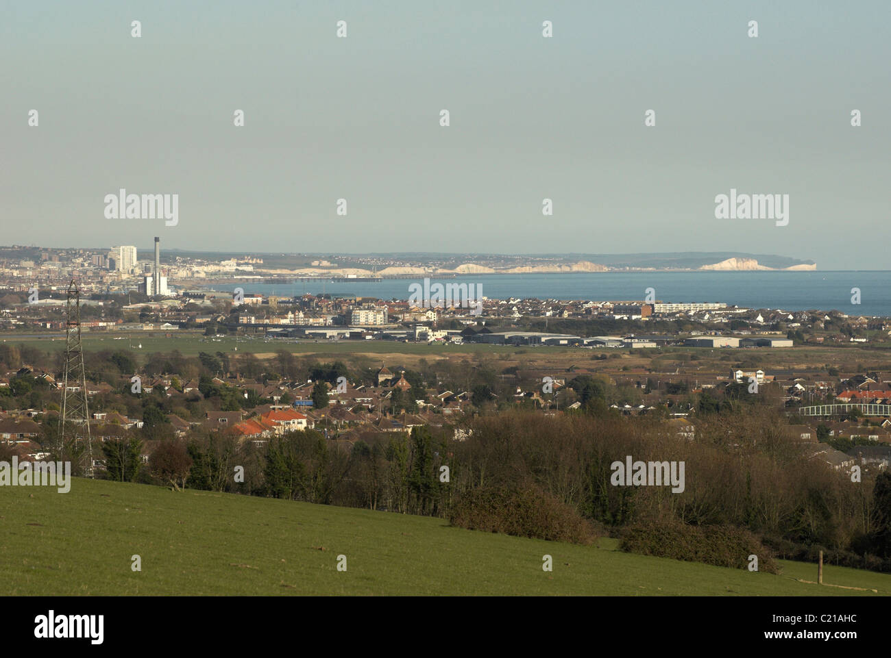 Una vista de la ciudad de Brighton & Hove y los alrededores de la costa sur del Parque Nacional de South Downs. Foto de stock