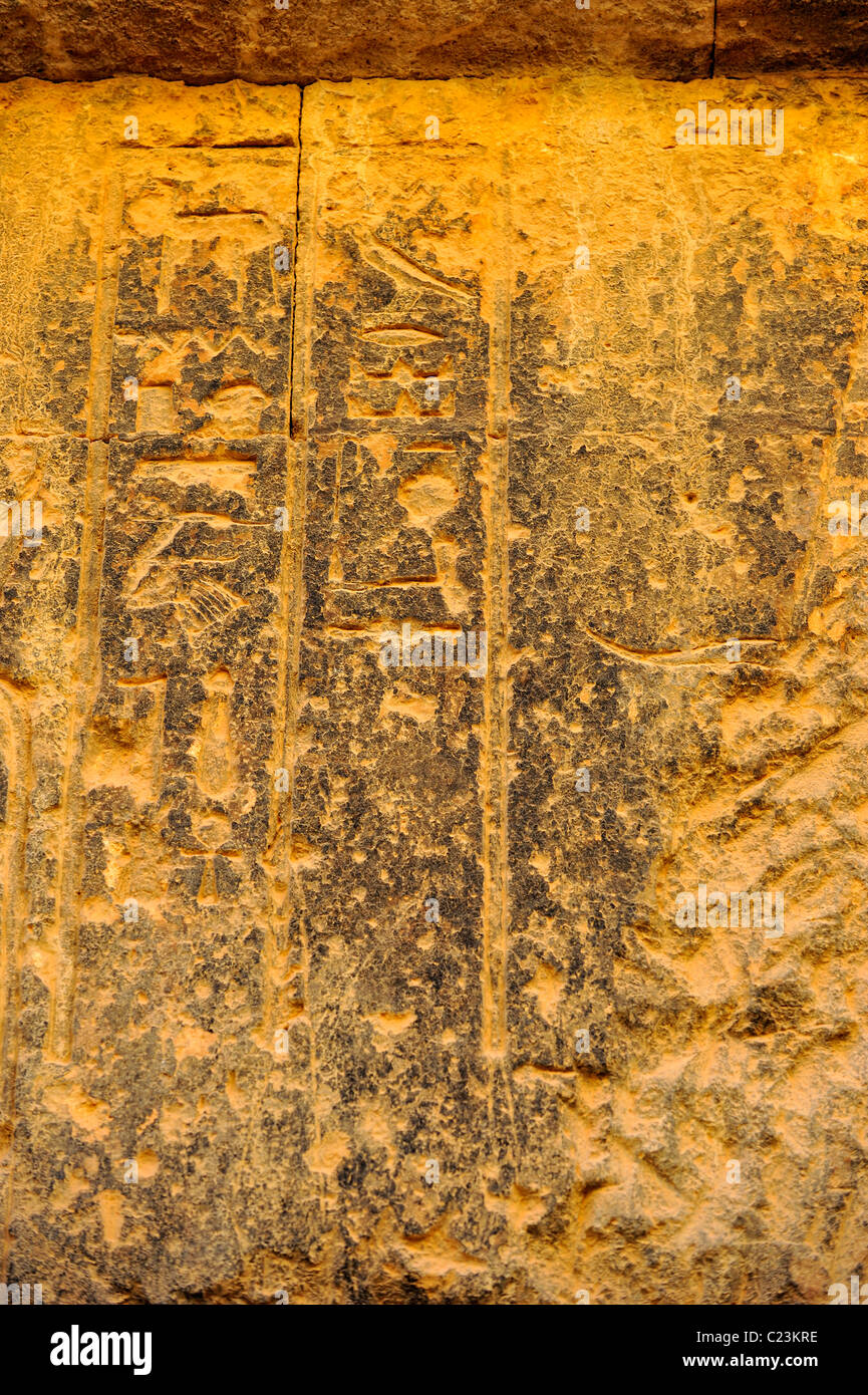 Signos jeroglíficos en una pared del templo de Umm Ubayda, dedicado al culto de Amón en el oasis de Siwa, Desierto occidental, Egipto Foto de stock