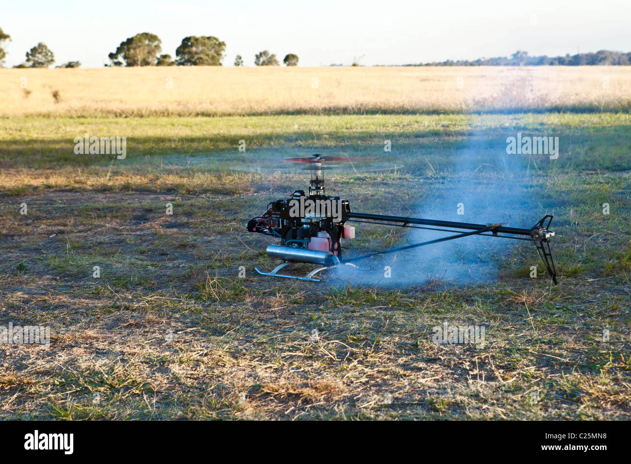 Un modelo de helicóptero controlado por radio se prepara para despegar Foto de stock