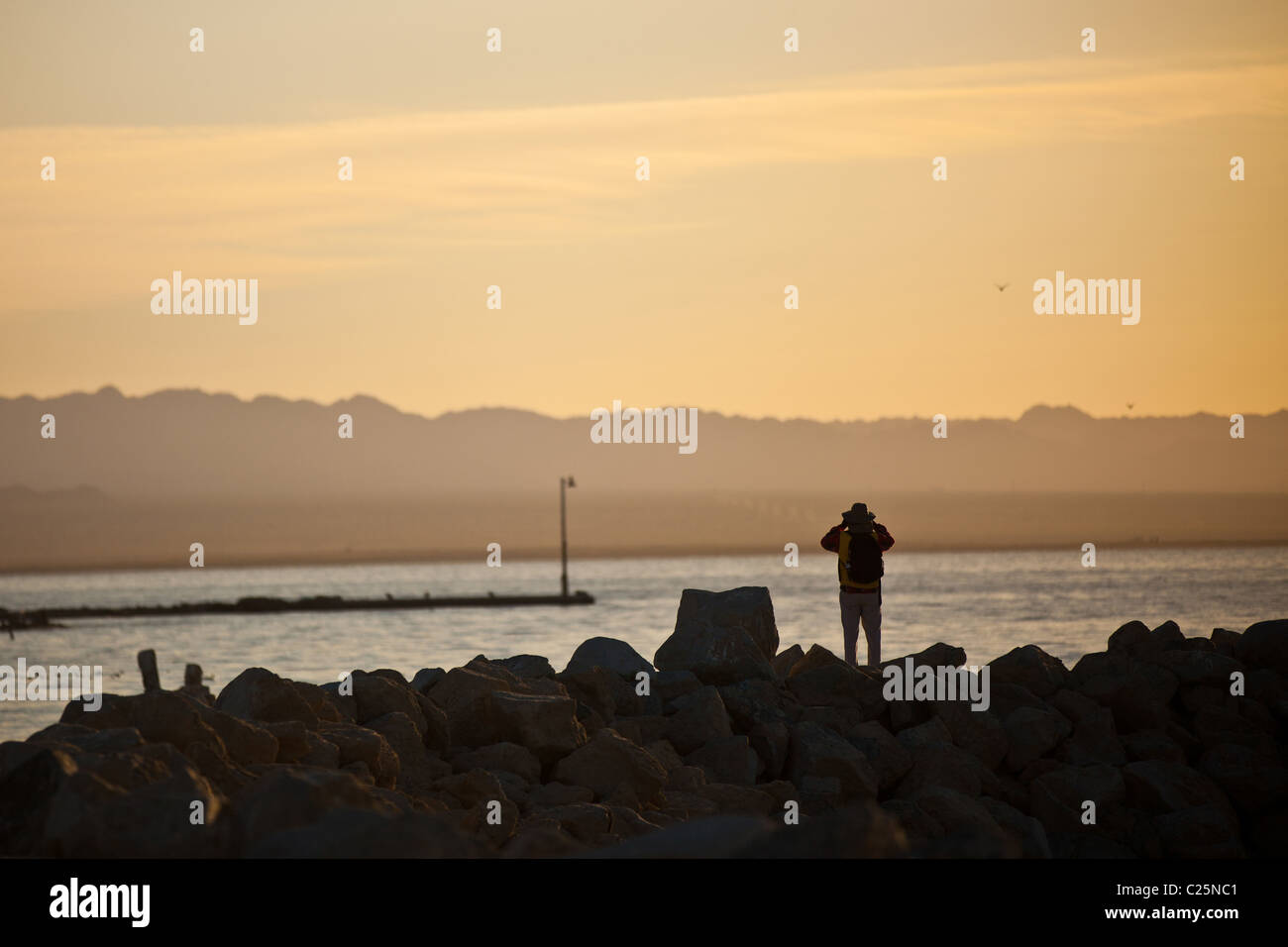 Birdwatcher a lo largo de la costa del Mar de Salton Imperial Valley, CA. Foto de stock