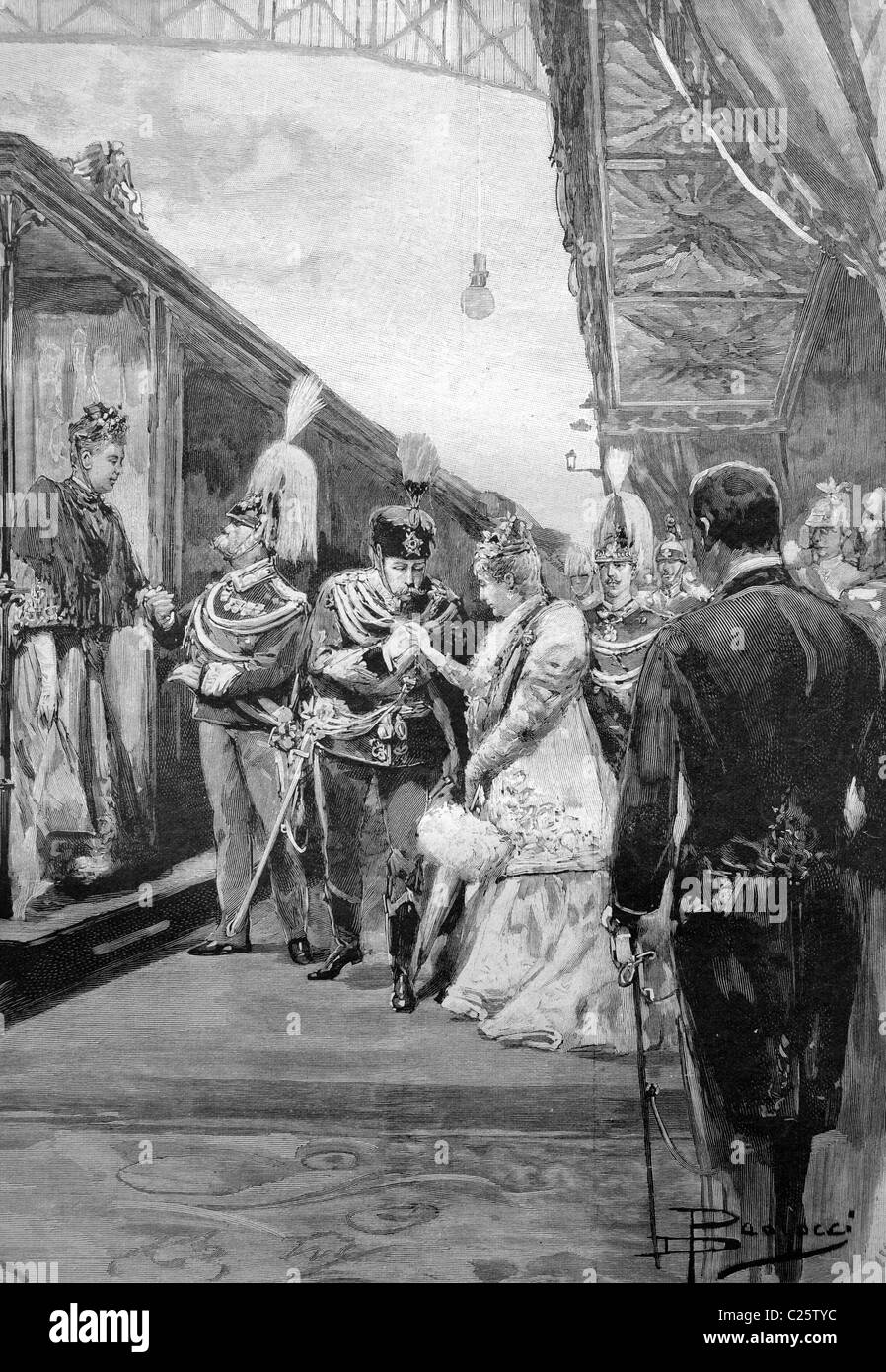 Visita del Emperador y la Emperatriz alemana de Roma, en la estación de recepción, ilustración histórica circa 1893 Foto de stock