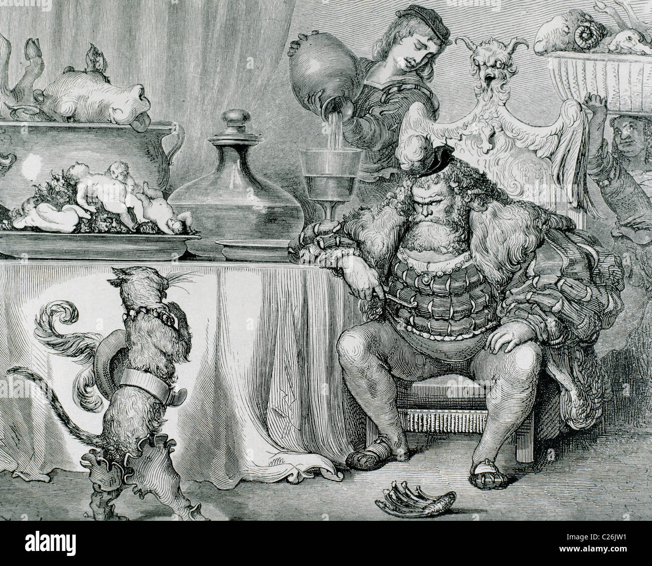 Charles Perrault (1628-1703). "El Gato con Botas". Puss cumple el ogro que  ha comido tanto como él podía comer. Grabado por Dore Fotografía de stock -  Alamy