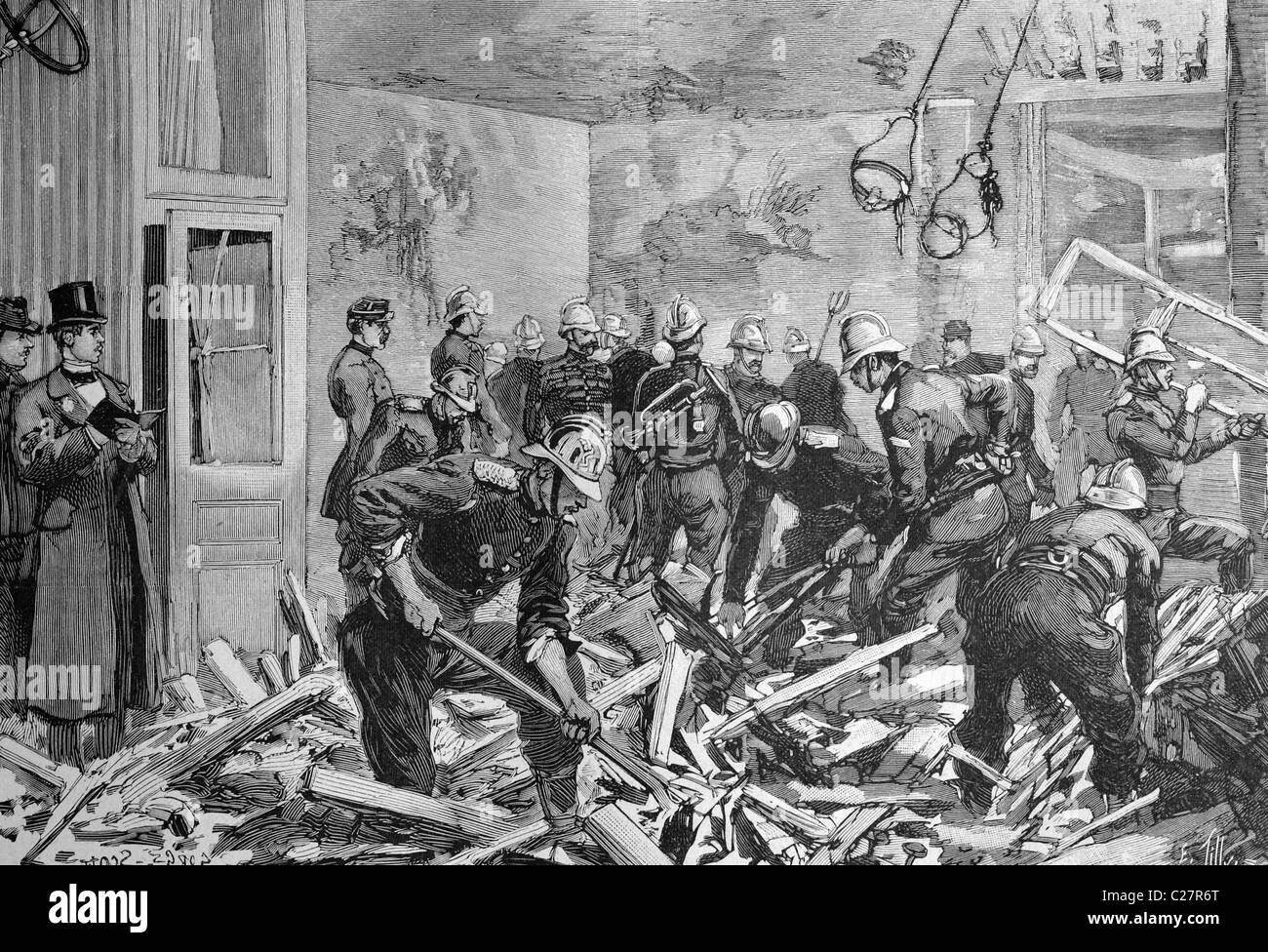 Los comisarios de policía tras una explosión de dinamita en París, Francia, la ilustración histórica, ca. 1893 Foto de stock