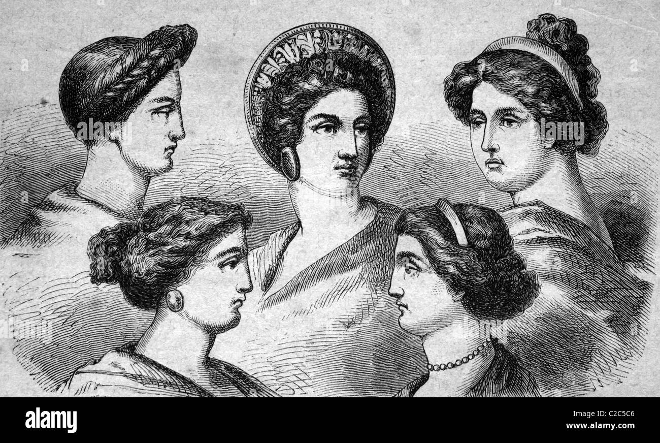 Los estilos de cabello griego, ilustración histórica, circa 1886 Foto de stock