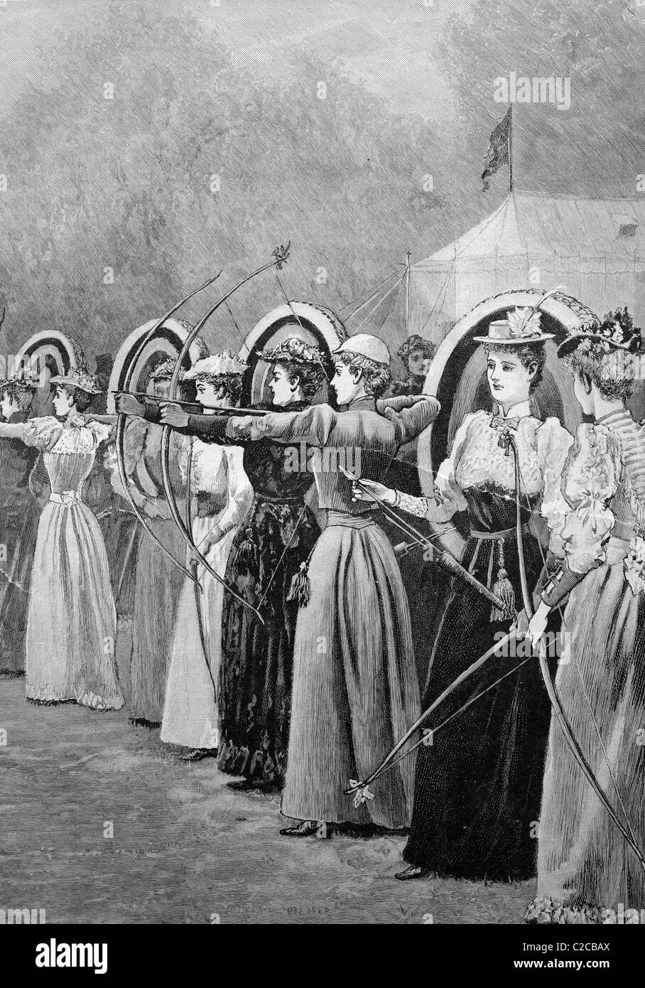 La competencia de mujeres en el tiro con arco en el Regent Park en Londres, Inglaterra, ilustración histórica, ca. 1893 Foto de stock