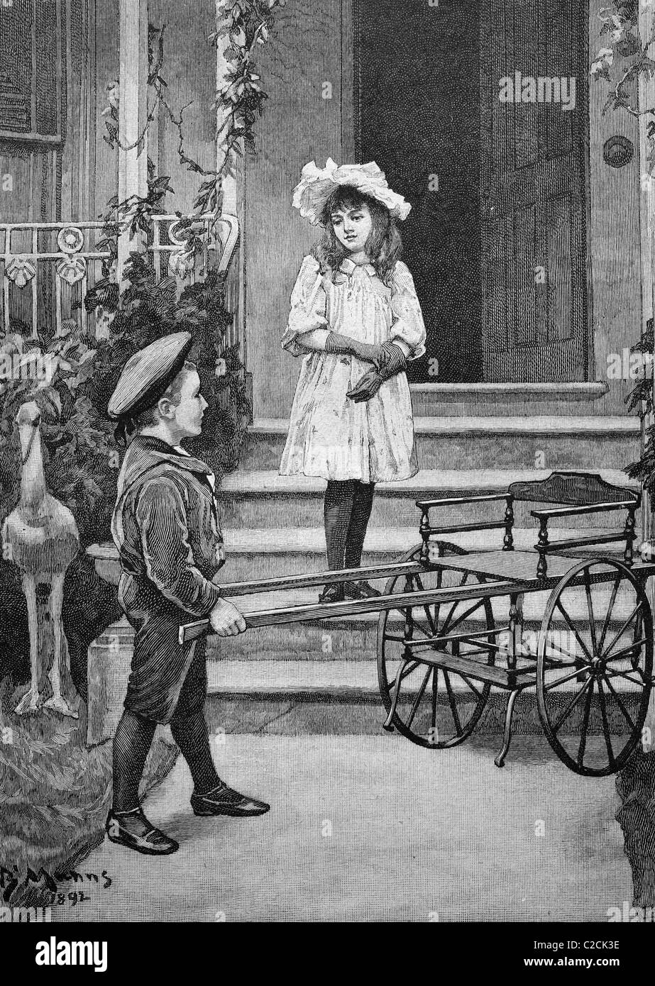 Los niños con un carro, foto histórica, 1893 Foto de stock