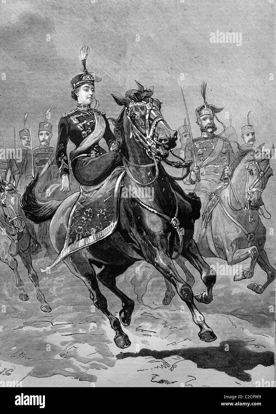 La Princesa Imperial a la cabeza de su regimiento de hussars, Alemania, ilustración histórica, 1884 Foto de stock
