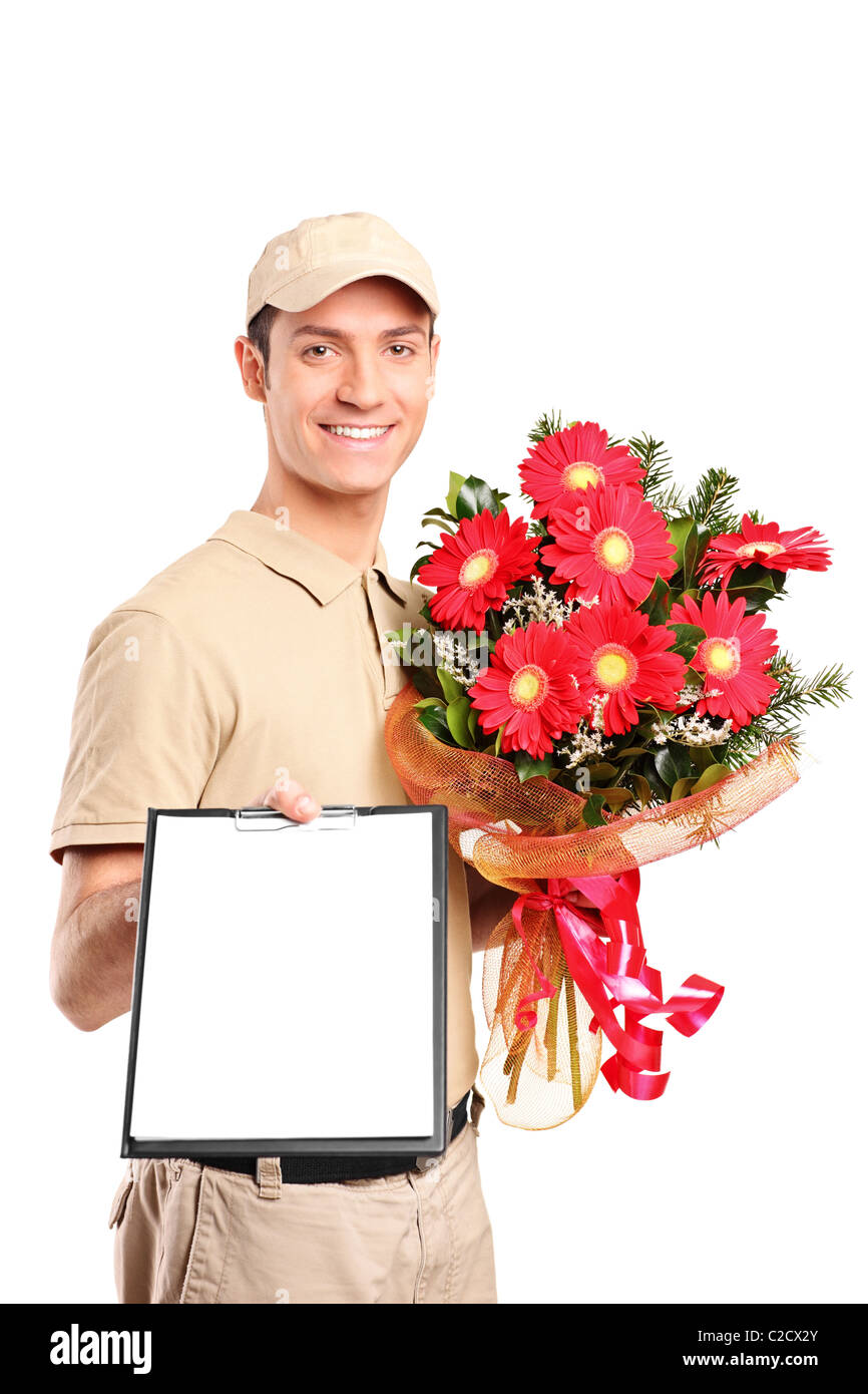 Un recadero entrega Ramo de flores y la celebración de un portapapeles  Fotografía de stock - Alamy