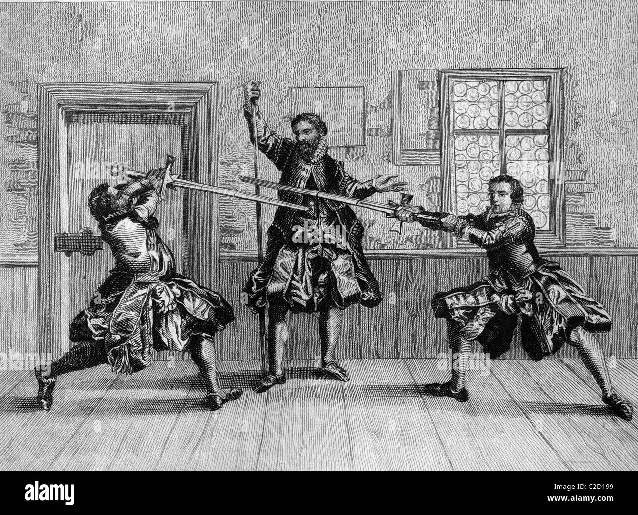 La práctica de esgrima, 1570 Ilustración histórica Foto de stock