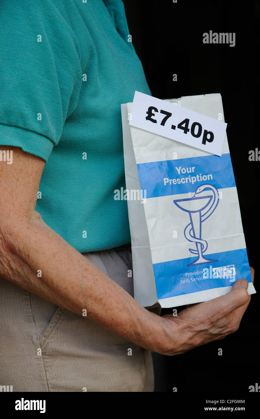Paciente mujer sosteniendo NHS paquete de prescripción que tiene un cargo de £7.40p por tema Foto de stock