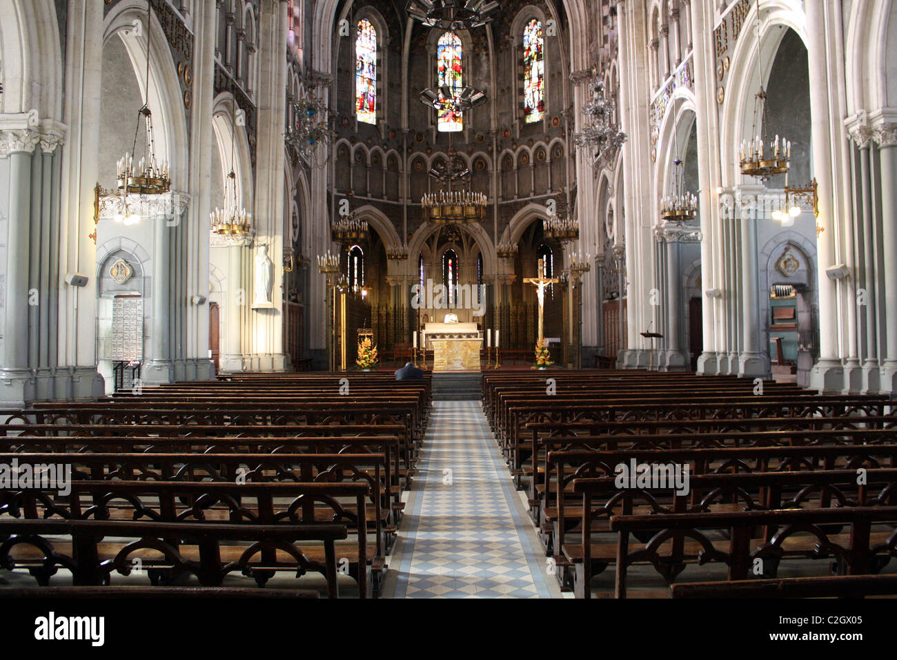 Interior de la catedral de Notre Dame de Lourdes en South-France en Europa Foto de stock