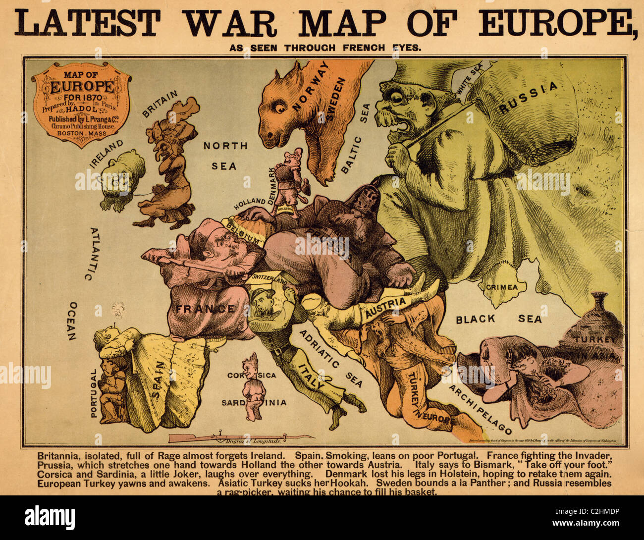 Mapa antropomórfico de Europa - 1870 - Política Foto de stock