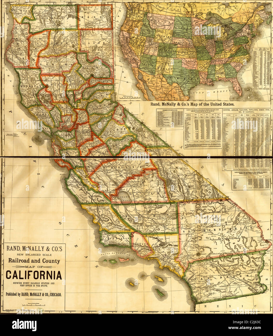 Mapa del condado y del ferrocarril de California mostrando cada estación de ferrocarril y una oficina de correos en el estado - 1883 Foto de stock