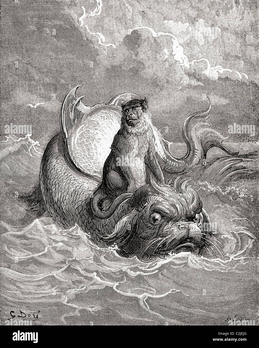 El mono y el Delfín tras un trabajo de Gustave Doré para una fábula de
