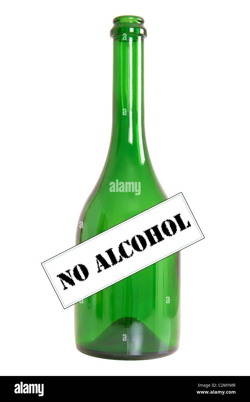 Botella de vino blanco con la etiqueta "sin alcohol" Foto de stock