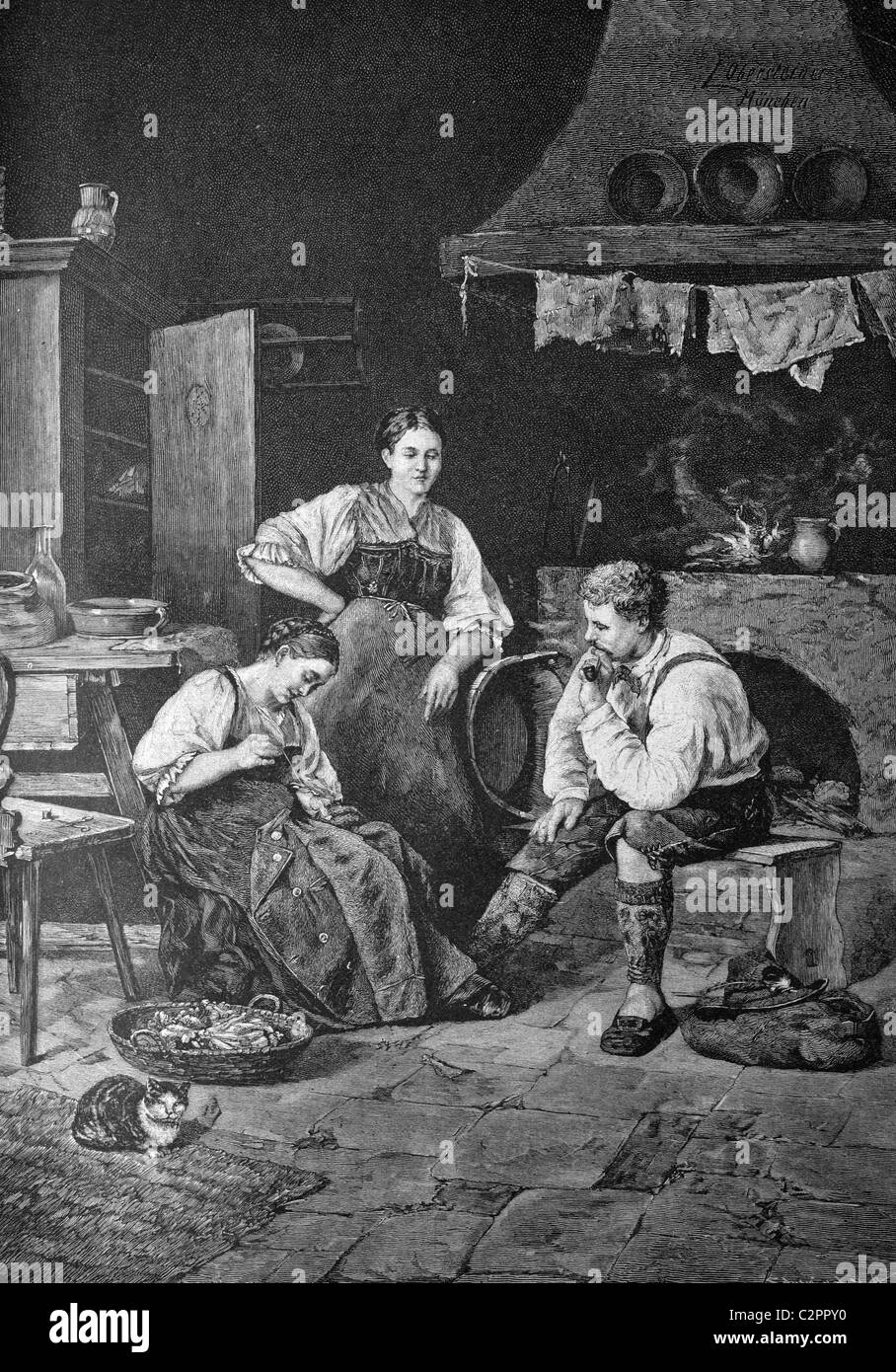 Costura, ilustración histórica, alrededor de 1886 Foto de stock