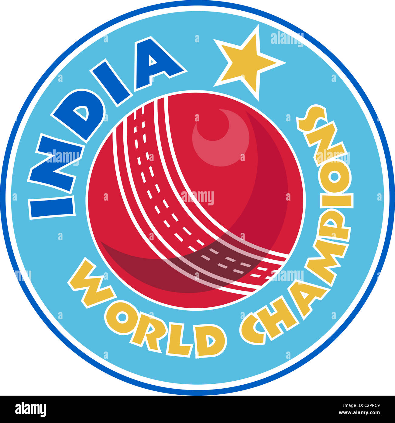 Ilustración de una bola de cricket de la India con las palabras "campeones del mundo" aislado en blanco Foto de stock