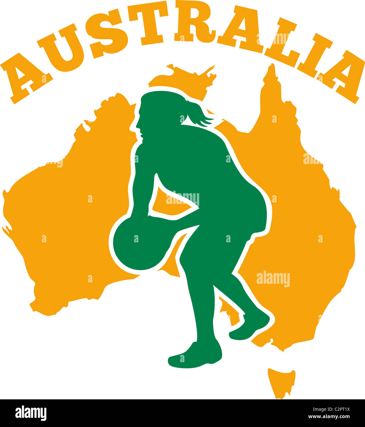 Ilustración de un jugador de baloncesto pasando la pelota con mapa de Australia en segundo plano. Foto de stock