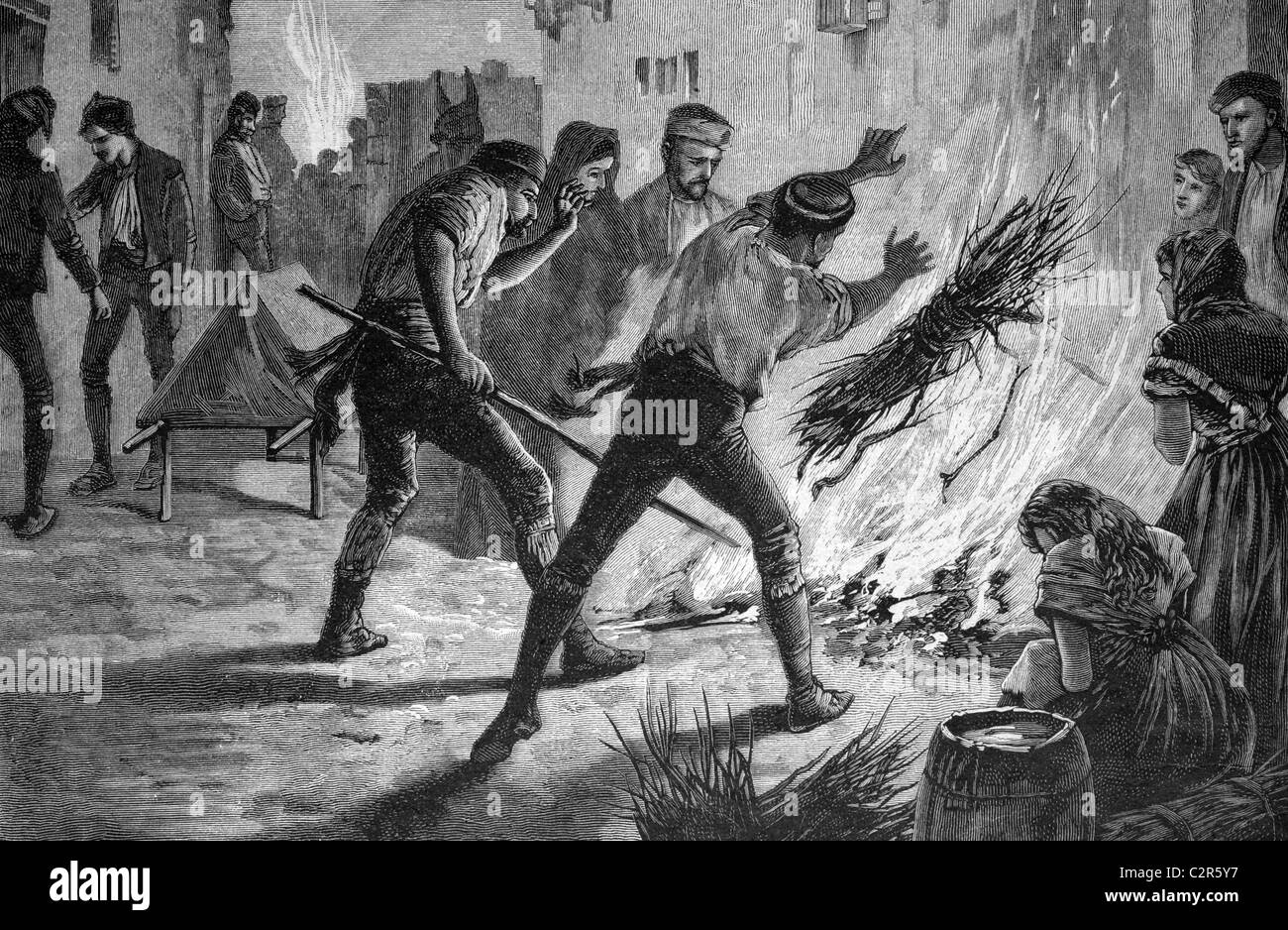 Cólera en Granada, fuego para desinfectar el aire, España, ilustración histórica, circa 1886 Foto de stock