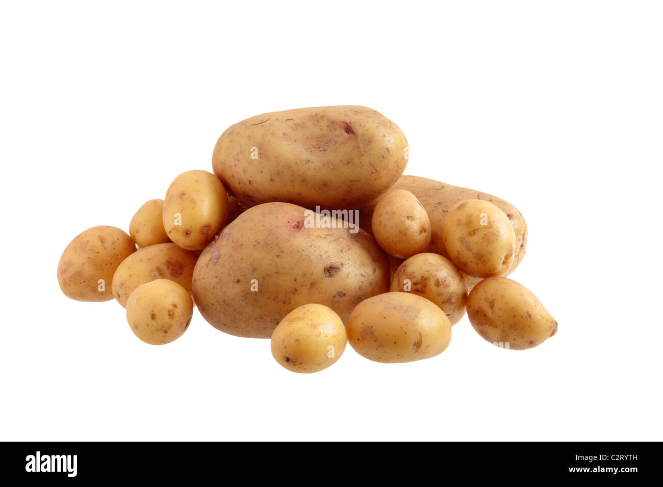 Chaqueta de patatas y patatas 'nueva', sin cocer, junto aislado sobre un fondo blanco. Foto de stock
