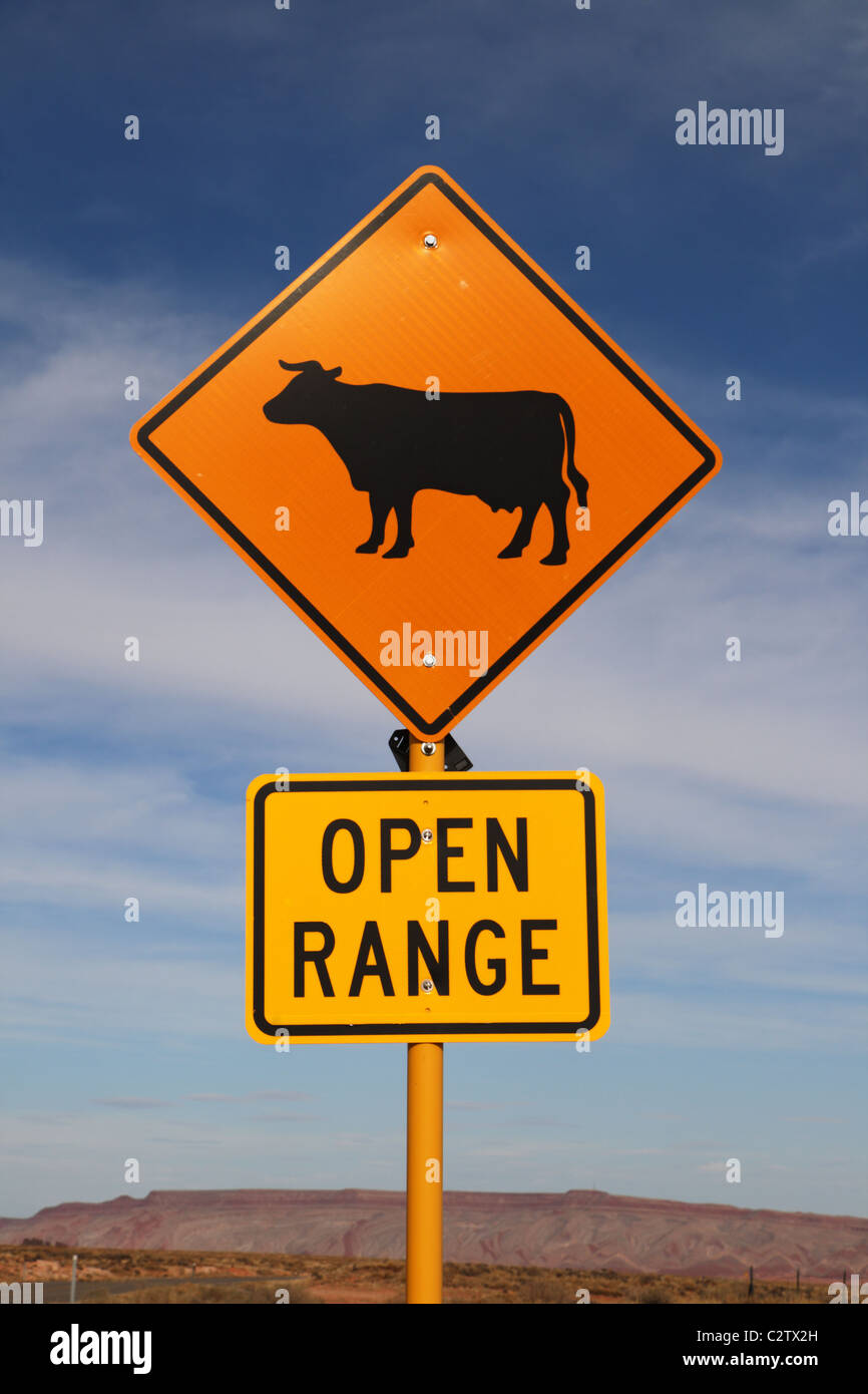 Naranja y negro, open range cartel con una imagen de vaca Foto de stock