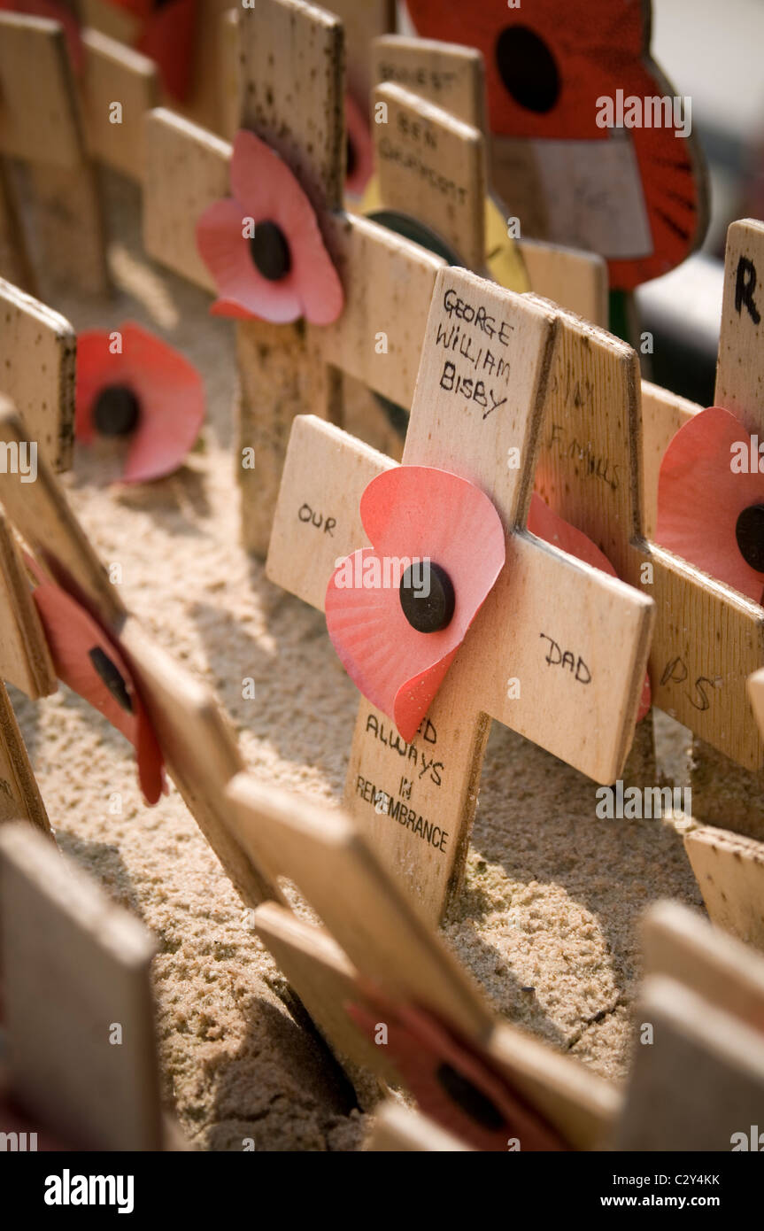 Amapola amapola Remembrance Day cross cruza legión británica servicio de recaudación de fondos Foto de stock
