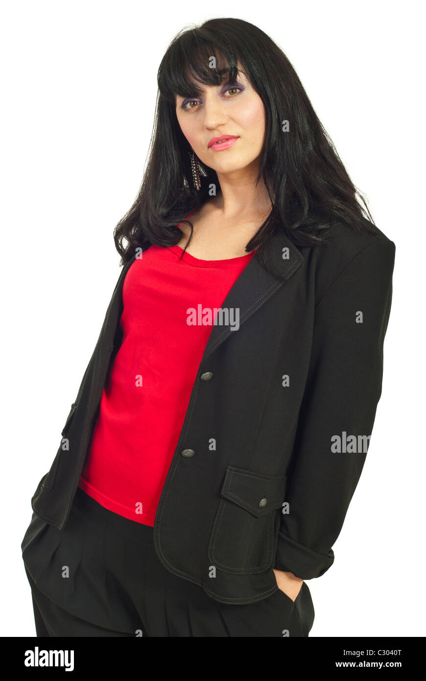 Belleza morena mujer en traje negro y una blusa roja contra el fondo blanco  Fotografía de stock - Alamy