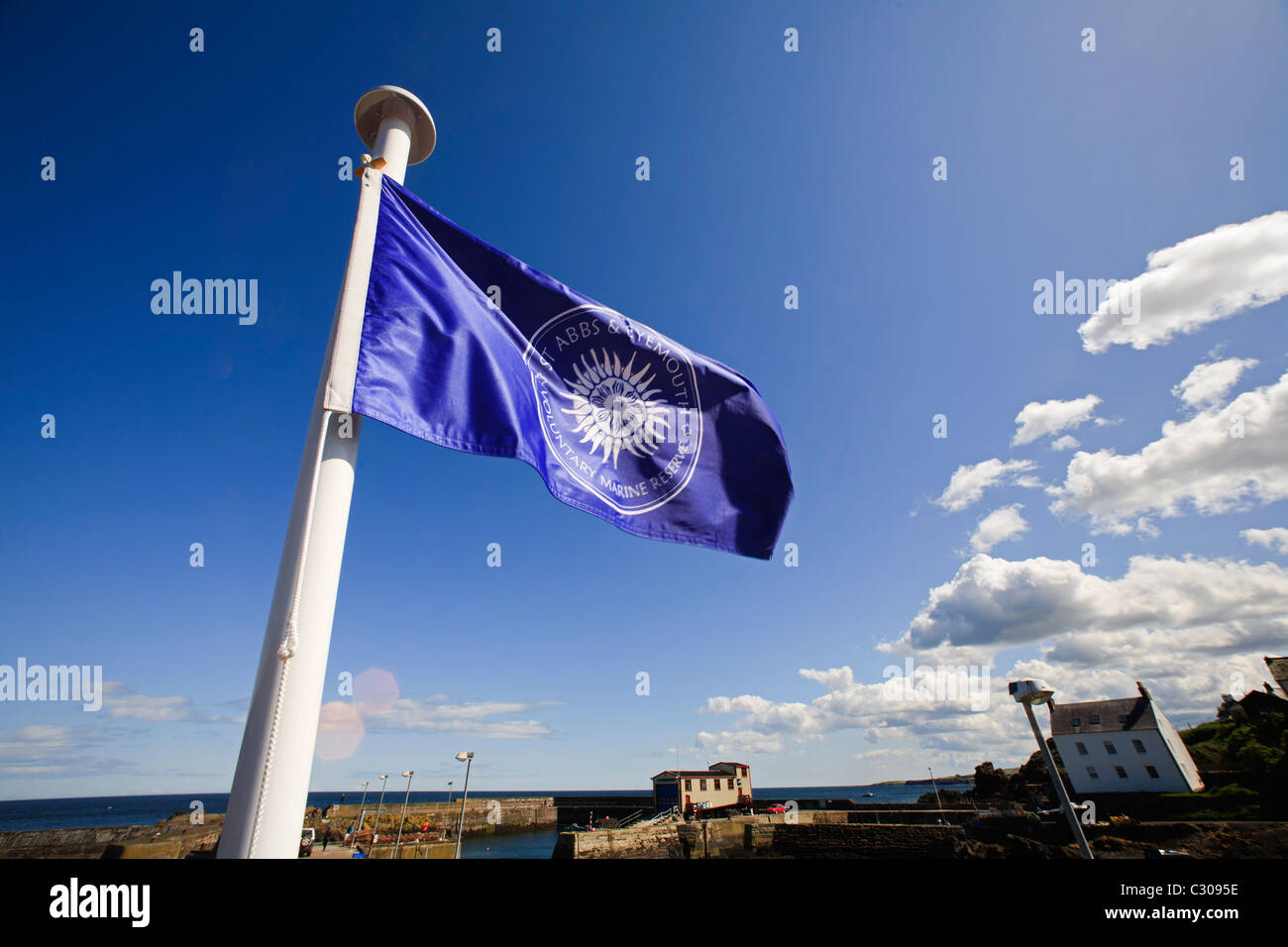 La bandera de la Santa Abbs y Eyemouth Reserva Marina voluntario ondea en el viento en San Abbs Harbor, Berwickshire. Foto de stock