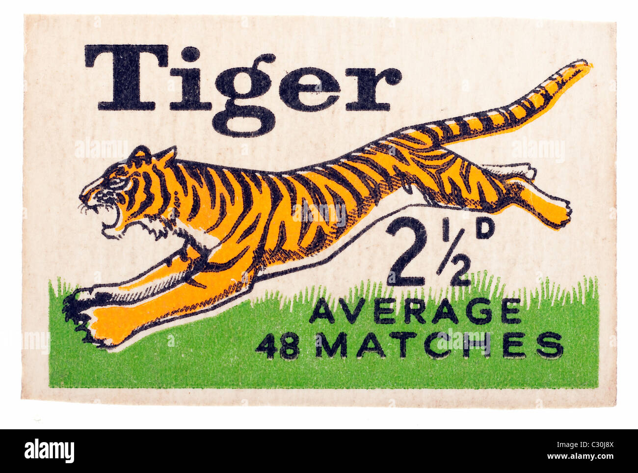 Vintage antiguo matchbox Etiqueta frontal para Tiger coincide con contenidos promedio de 48 y el precio es de dos y medio peniques. Sólo EDITORIAL Foto de stock
