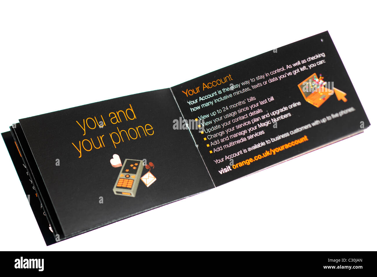 Orange mobile phone folleto . Sólo EDITORIAL Foto de stock