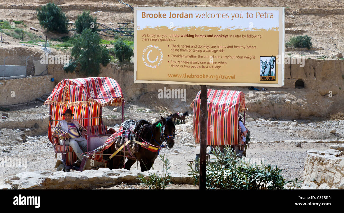 El signo del BIENESTAR ANIMAL EN LA PARTE SUPERIOR DE LA LARGA ladera abajo a la rosa roja en la ciudad de Petra. Jordania Foto de stock