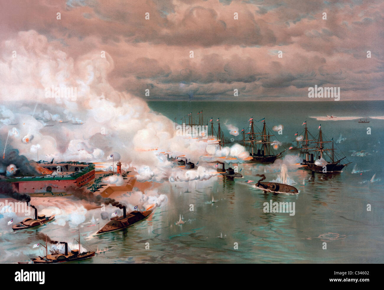 La batalla de la bahía de Mobile, Alabama, del 5 de agosto de 1864 durante la Guerra Civil de EE.UU. Foto de stock